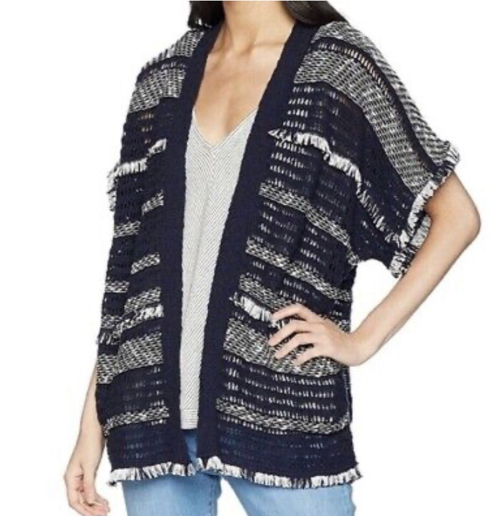 Lucky Brand Cardigan Short Sleeve Sweater Open Front Fringe Blue White Stripe XS